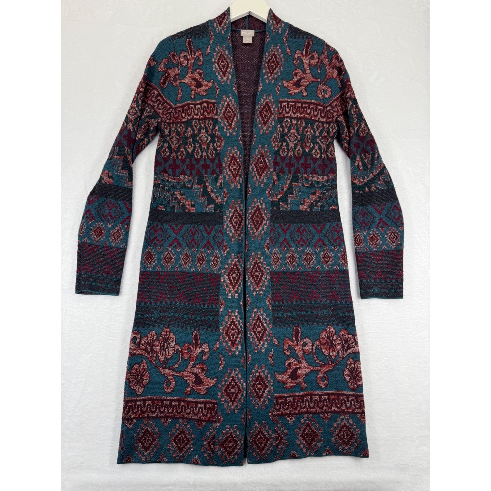 Chicos Open Front Duster Cardigan Geometric Floral Knit Tapestry Jacquard 0 S